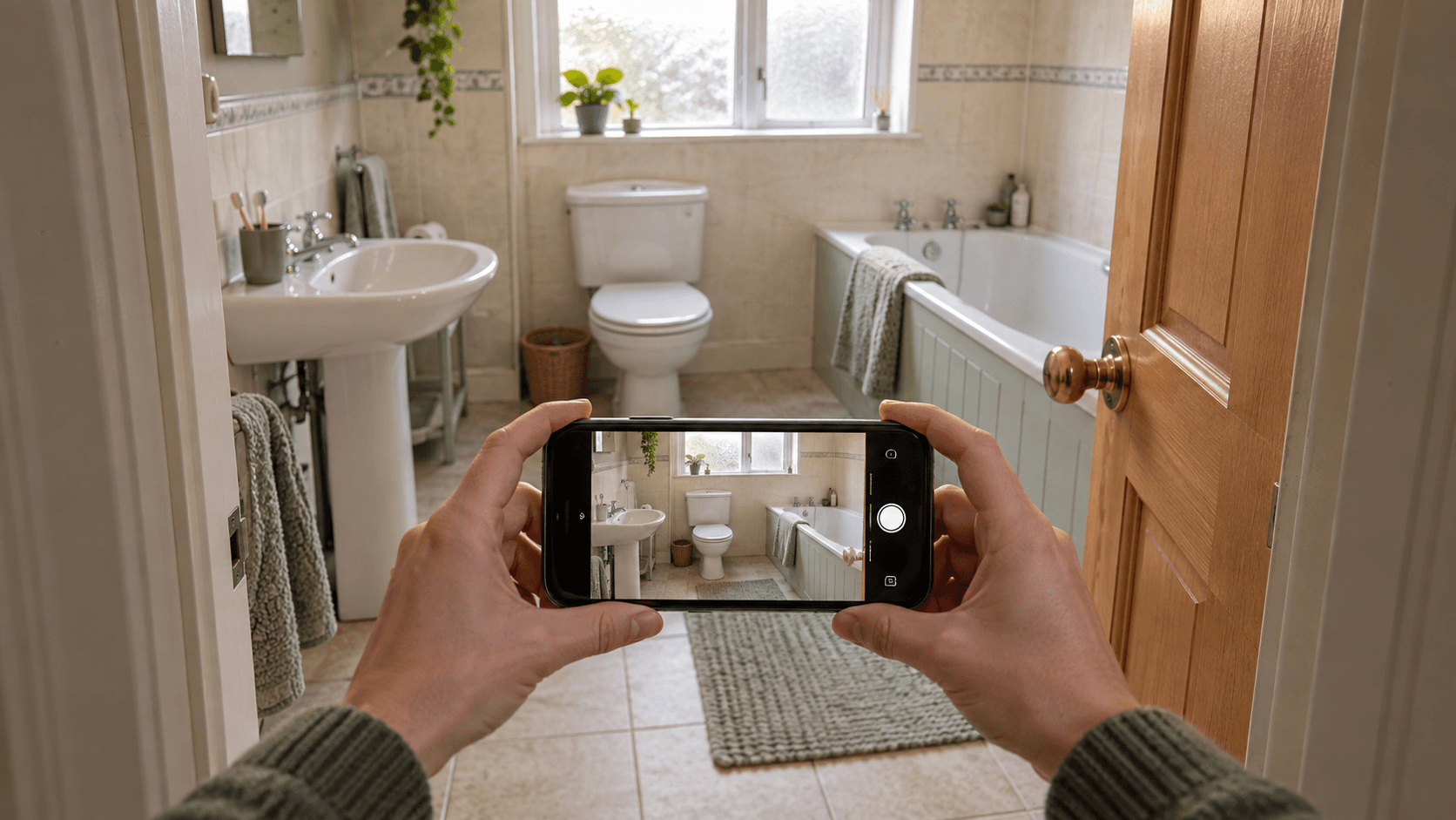 Illustration of photographing a bathroom's basin, bath and toilet as part of a refit handover check.
